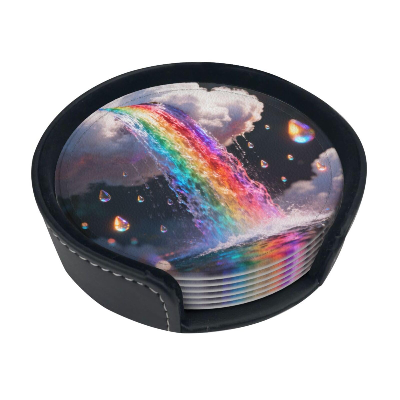 Rainbow Waterfall Leather Coasters-Set of 6 with Storage Holder
