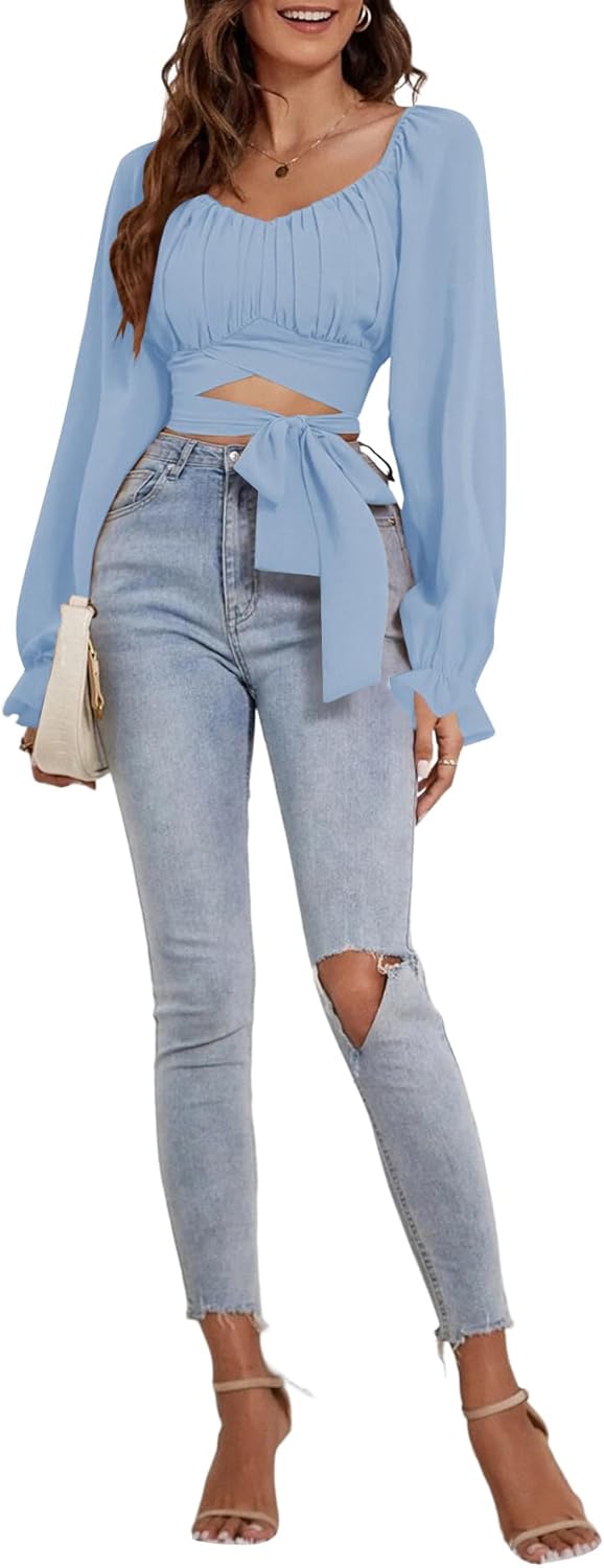 Rooscier Women's Ruched Wrap Square Neck Flounce Long Sleeve Self Tie Crop Top Blouse - Image 4