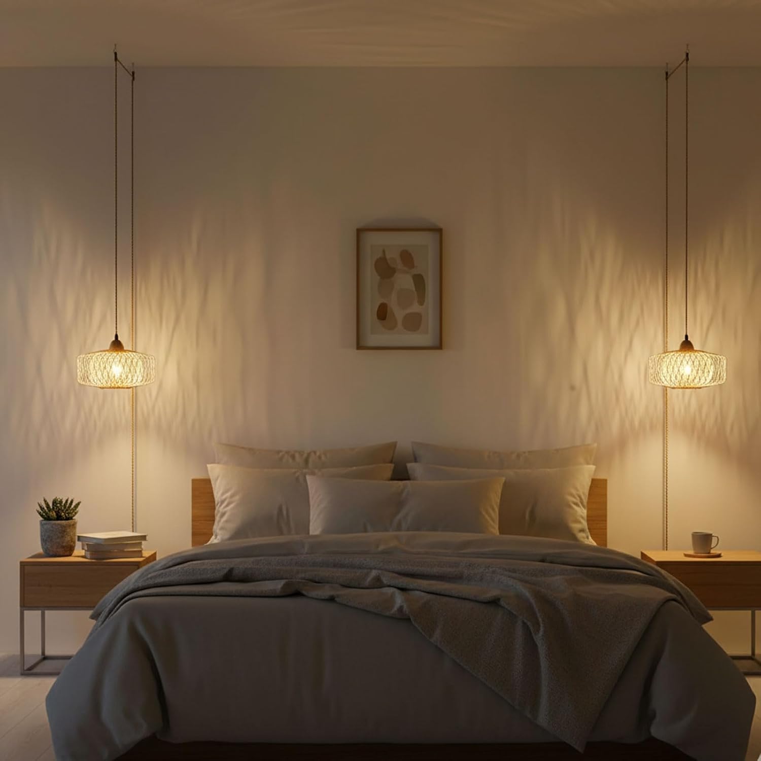 Plug in Pendant Light, Bamboo Hanging Light with Plug in Cord 15ft Dimmable Cord, 12inch Rattan Lamp Shade, Boho Wicker Basket Light Fixture for Farmhouse Living Room Bedroom Dining Room