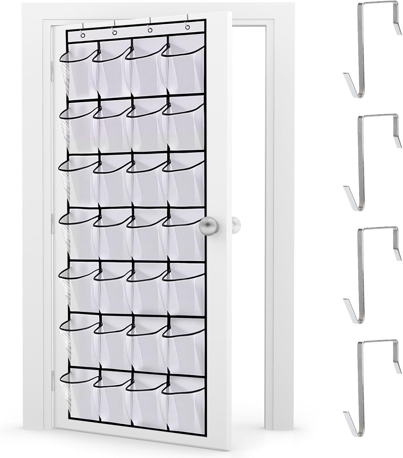Hanging Shoe Storage, Sturdy Over the Door Shoe Storage Organiser with 28 Pockets and 4 Hooks, Versatile Over Door Wardrobe Shoe Rack for Bedroom Bathroom Closet Organization