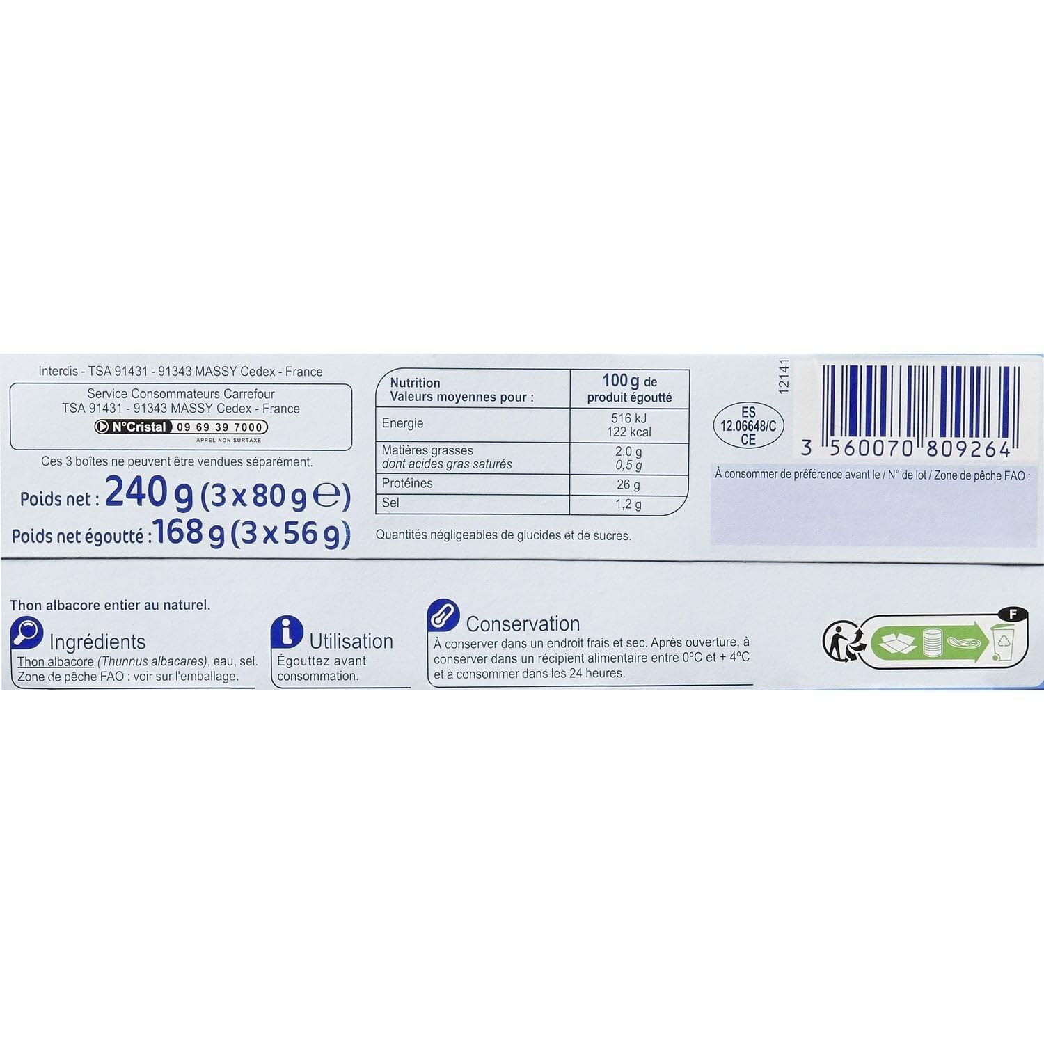 Repas pratiques et savoureux avec le thon entier albacore au naturel CARREFOUR, format malin 3x56g pour toute la famille - Lot de 4
