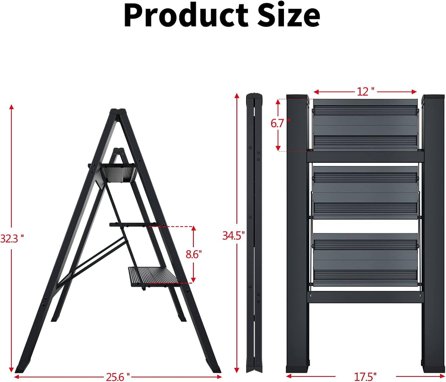 MITIR 3 Step Ladder, Folding Step Ladders with Wide Anti-Slip Pedal, Lightweight Step Stools for Adults, Kitchen and Home, 440lbs, Ladder Decorative and Domestic, Sturdy and Portable, Aluminum - - 
