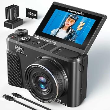 8K Digital Camera for Photography,88MP Vlogging Camera for YouTube with 3180Flip Screen,18X Digital Zoom and Auto Focus with 32G Mirco SD Card,2 BatteriesGunmetal
