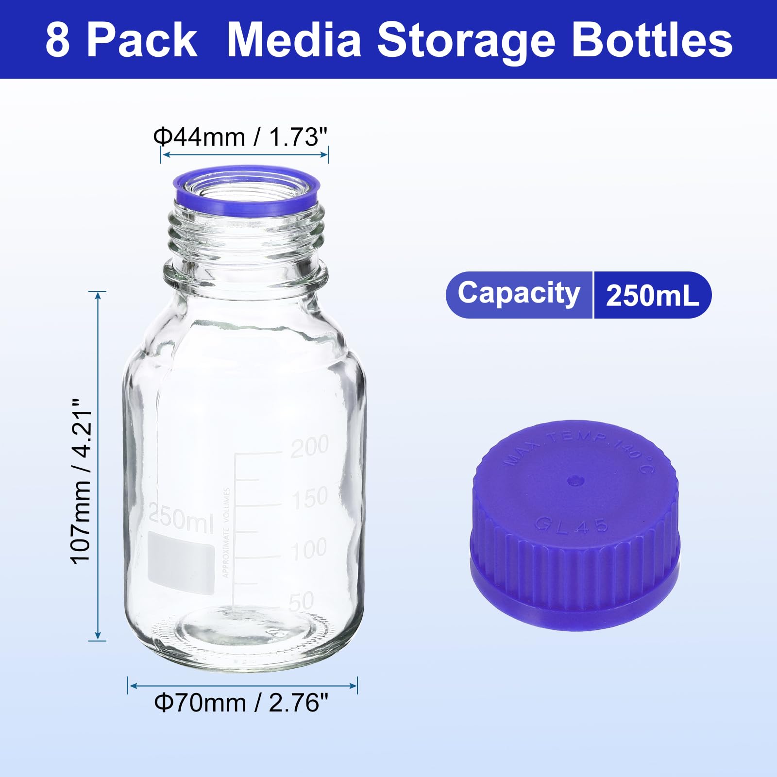 PATIKIL 8pz Bottiglie Supporto Conservazione, 250ml Bottiglie Rotondo Graduato Vetro Borosilicato con GL45 Blu Tappo Vite per Liquidi Reagenti Acqua Laboratorio, Trasparente