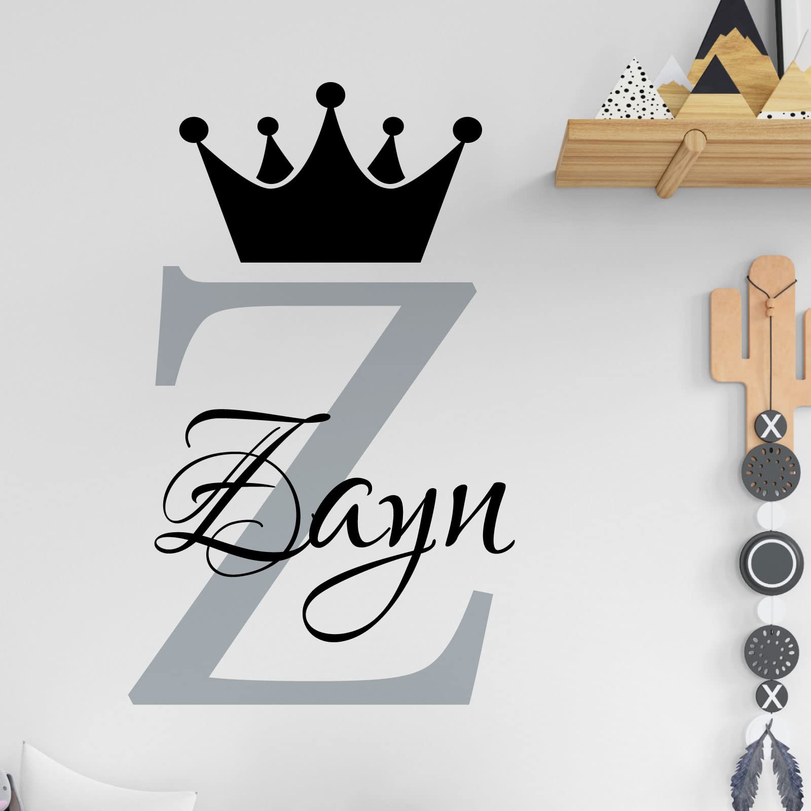 Personalised Name Baby Prince Princess Decal Wall Sticker - Initial Letter Crown [Large] [Silver]