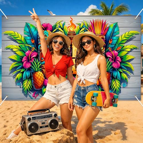 Image of BlissYard Luau Party Decorations Hawaiian Tiki Bar Banner 71 x 43 Inch Tiki Party Decorations Aloha Banner Luau Decor Tiki Bar Backdrop with Tiki Masks Flowers for Summer Beach Wall Decor