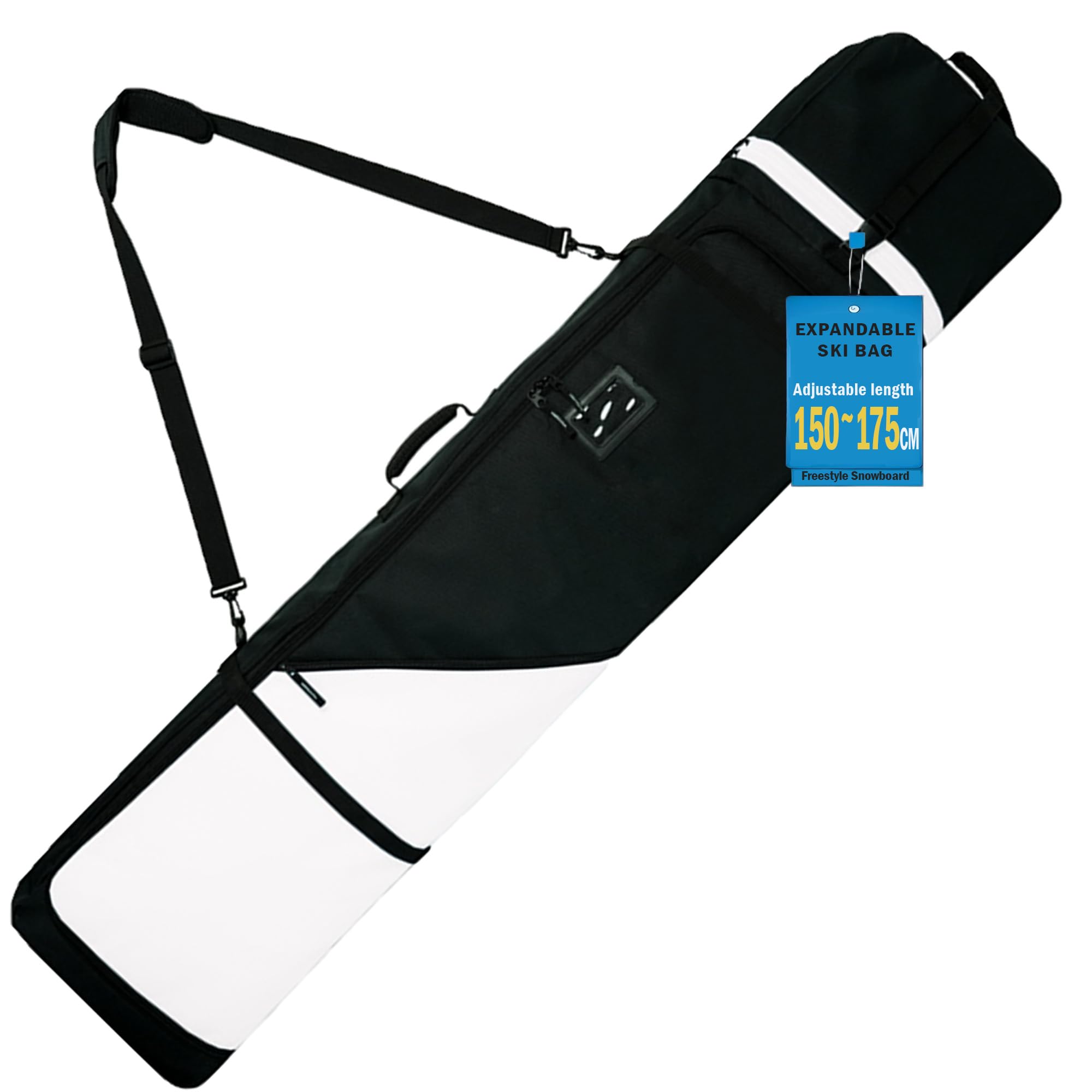 AUMTISC Torba snowboardowa, wyściełana, wytrzymała torba narciarska z wodoodporną podszewką, regulowane paski na ramię, pasuje do desek snowboardowych 155-180 cm, czarna/niebieska