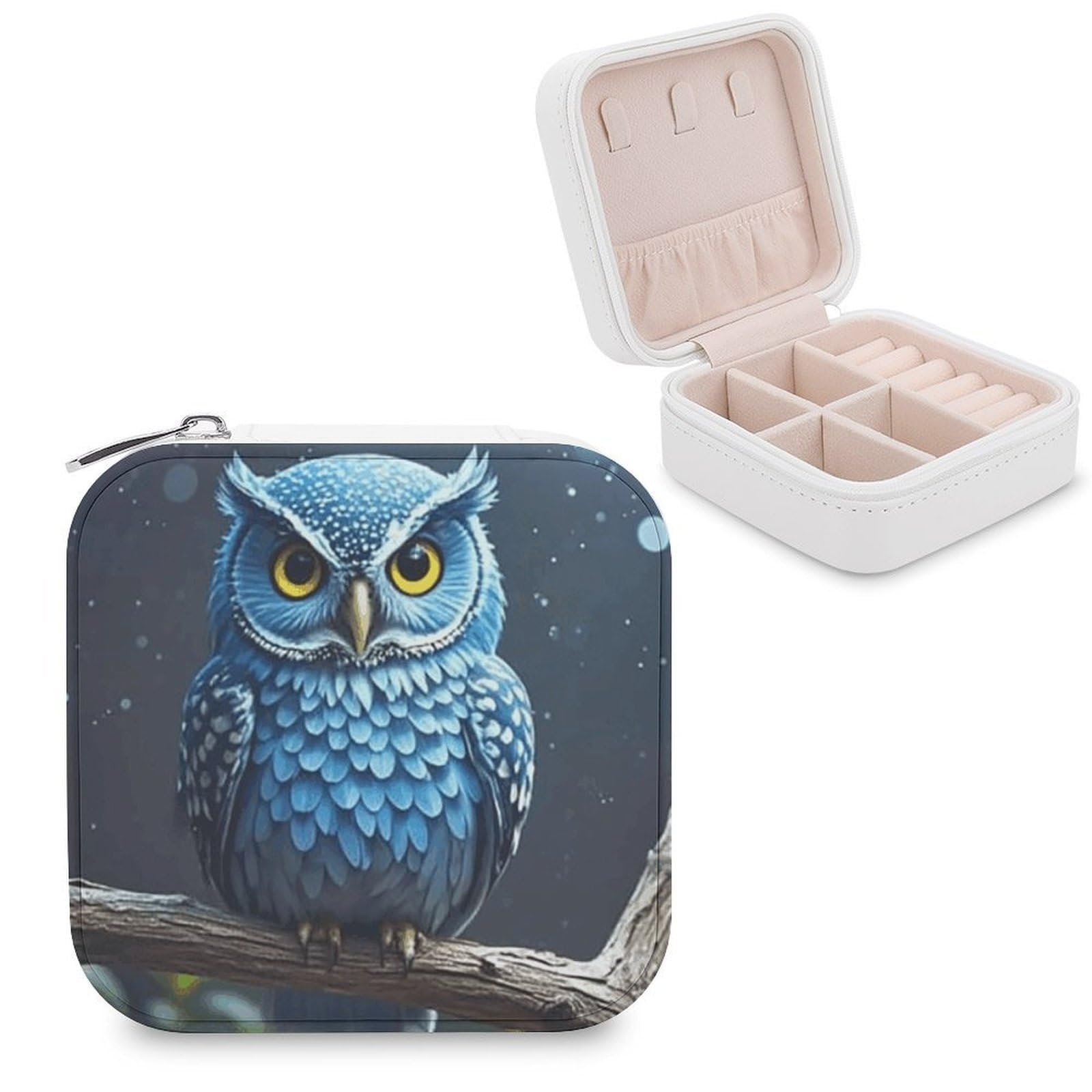 LZQPOEAS Blue Owl Jewelry Box Mini Jewelry Travel Case Trendy Stuff Ring Box Custom PU Leather Jewelry Boxes Portable Jewelry Case Earring Storage Organizer for Girls Women