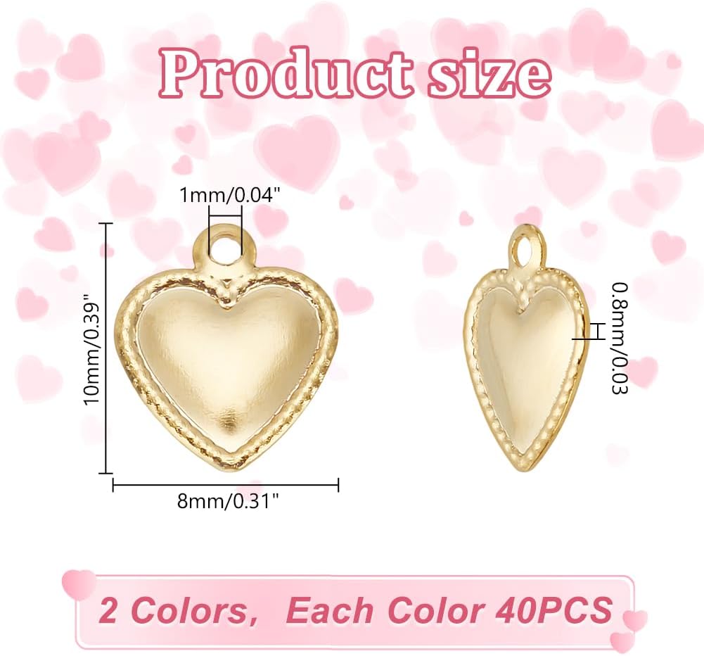 50Pcs 18K Gold Plated Small Heart Charms 10mm Love Stainless Steel Pendants Tiny Heart Dangle Charms for DIY Bracelets Earring Necklace Jewelry Making,Hole:1mm - Image 2