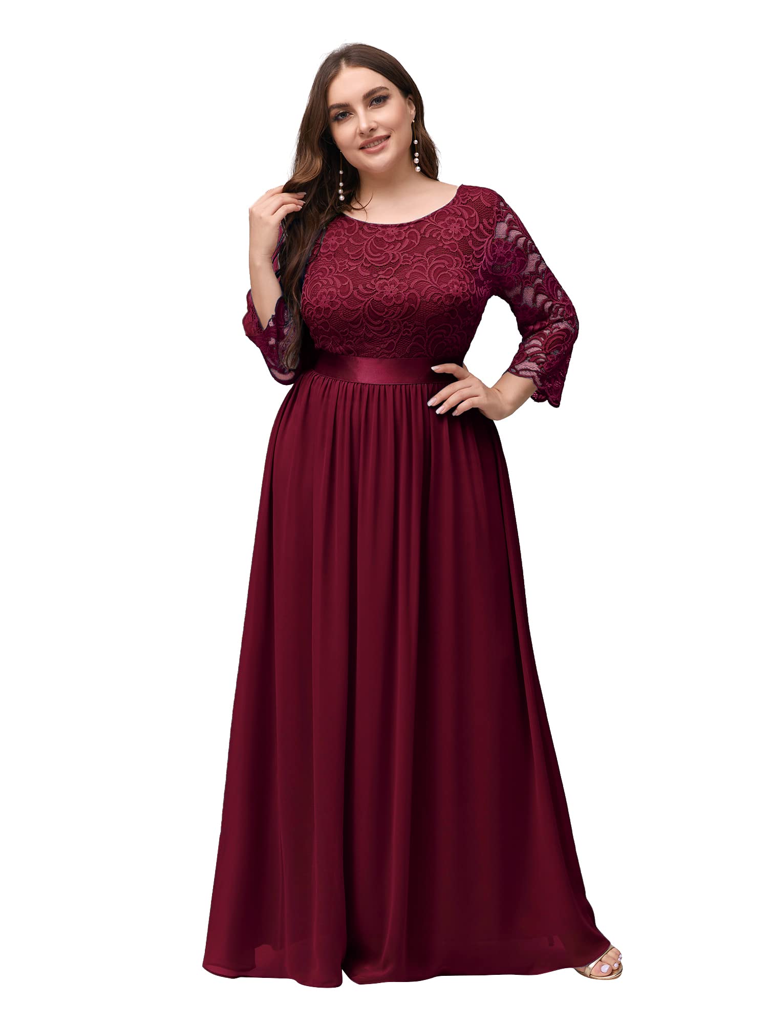 Ever-Pretty Women's A-Line 3/4 Long Sleeves Chiffon Floor Length Bridesmaid Gowns Plus Size Mother of The Bride Dresses