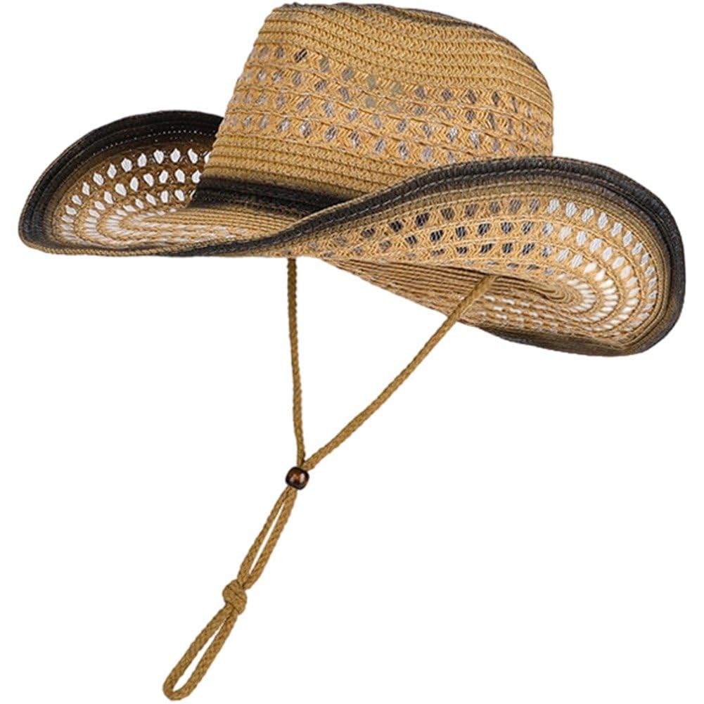 Sslvya Straw Cowboy Hat for Women Men Wide Brim Beach Sun Hat with Chin Strap Breathable Western Cowgirl Cap for Outdoor Travel