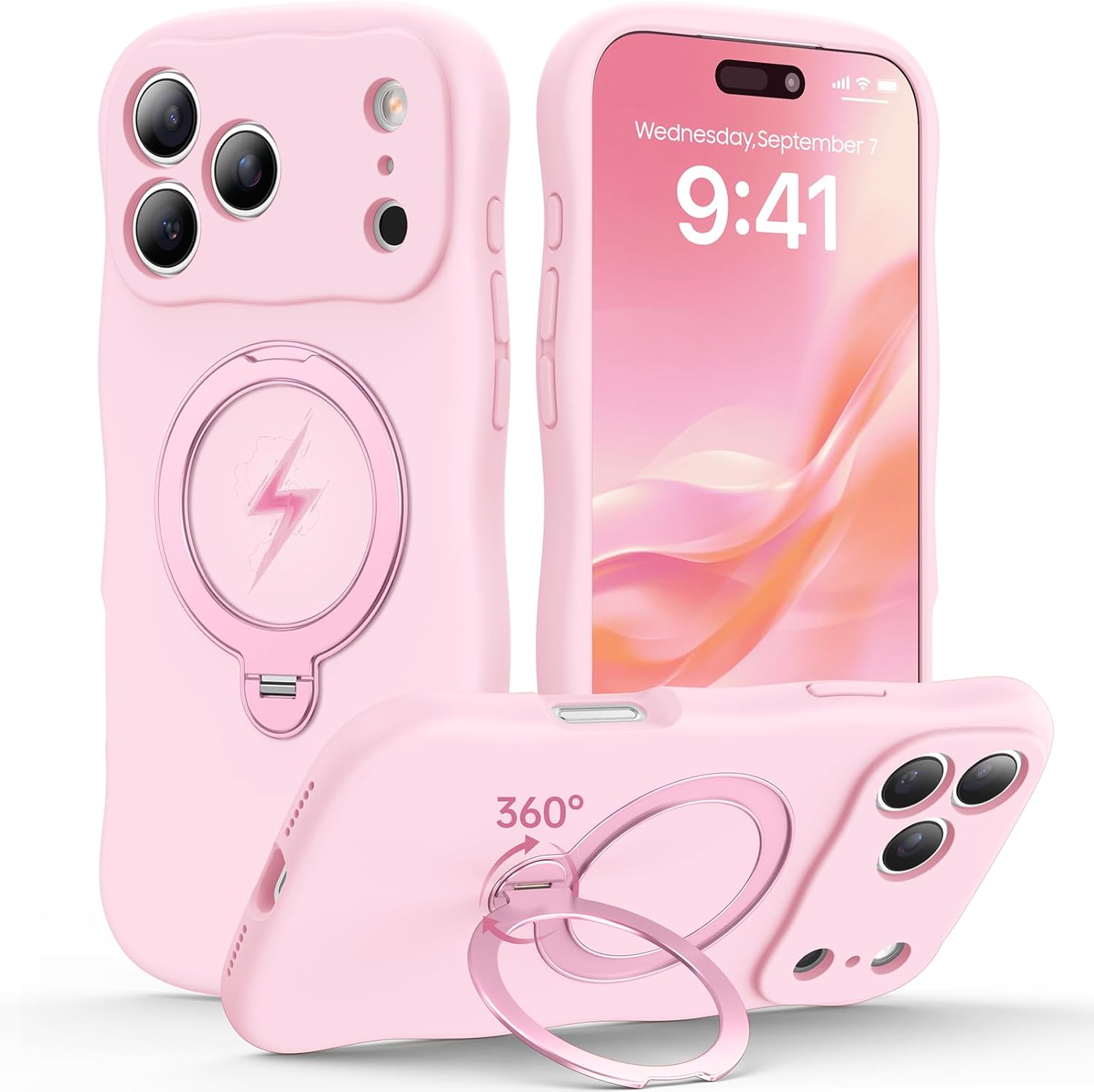 Product image of 360 Spin Silicone Stand (Pro-Version) for iPhone 17 Pro Max Case: Cute Wavy [Full Camera Protection] (Fit for MagSafe) Shockproof Women Girl Phone Case for iPhone 17 Pro Max 6.9", Chalk Pink