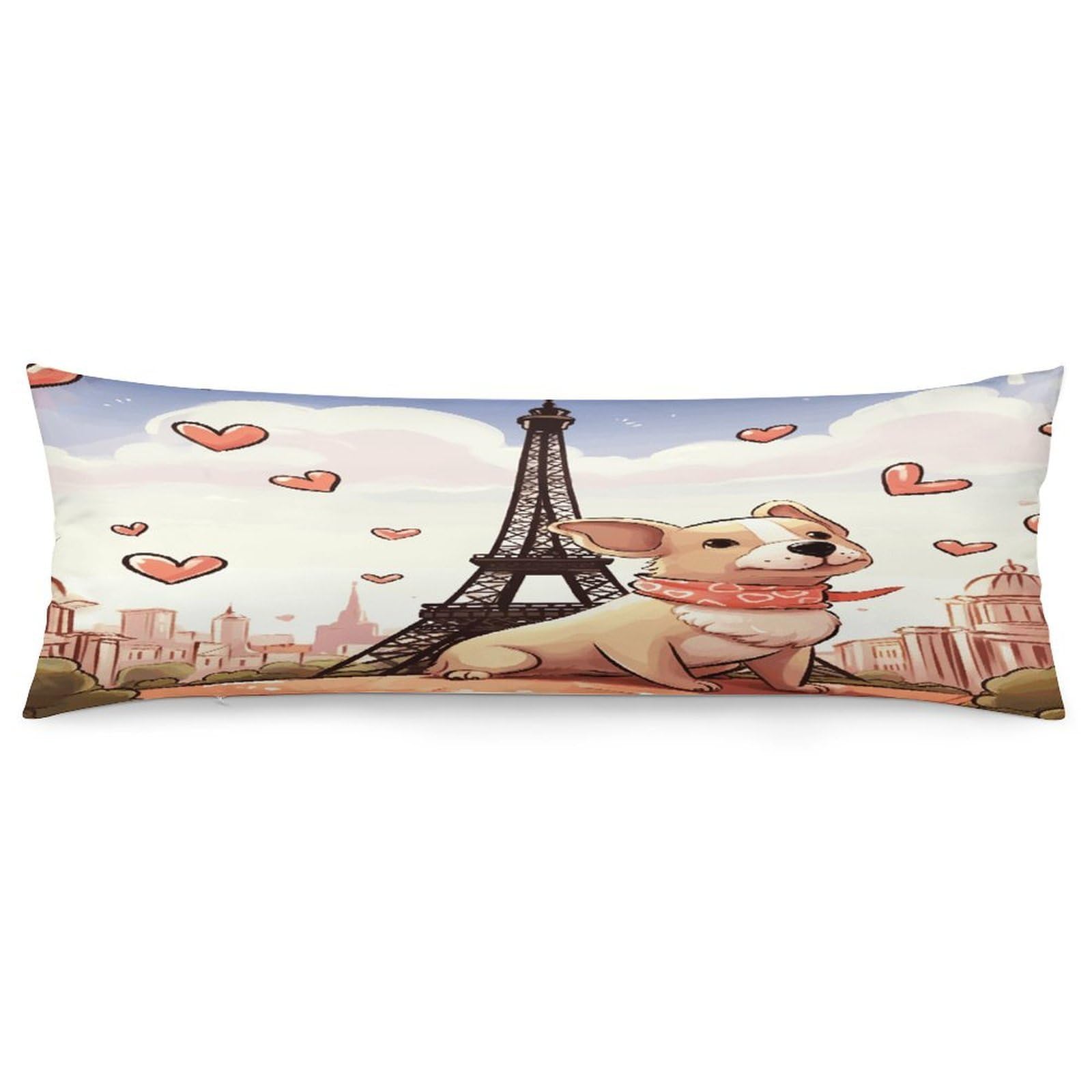 Dog and Eiffel Tower Pillow Cover with Zipper Pillow Case Super Soft and Cozy Body Pillowcase 19 X 53 Inches Luxury Long Pillowcase for Couch Sofa Chair Bed Home Decor Pillows Cover