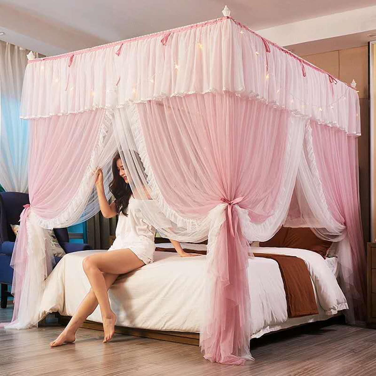 Moustiquaire pour lit double baldaquin de lit princesse rideau polyester bleu