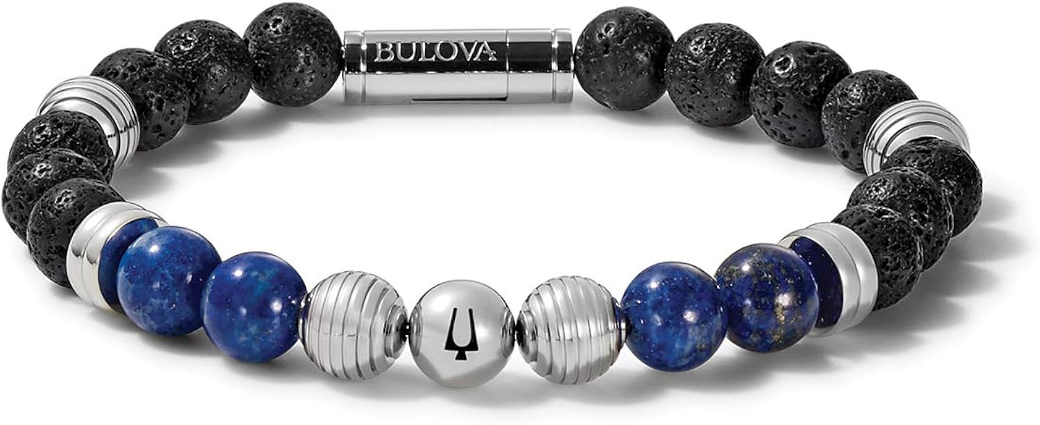 Bulova Mens Classic Lapis, Black-Lava and Stainless Steal Beaded Bracelet, 8mm Beads (Model J96B021M), Lapis, Black and Silver-Tone, Medium: Clothing, Shoes & Jewelry