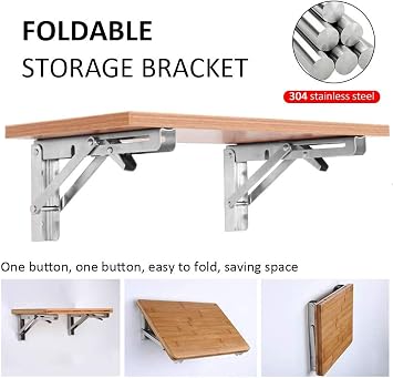 Folding Shelf Brackets, Heavy Duty Stainless Steel Collapsible DIY Wall Mounted Shelf Bracket, Max Load: 150 lb, for Table Work Bench Space Saving, Pack of 2 (8 Inch, Stainless Steel)