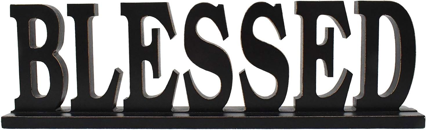 Attraction Design Rustic Wood Blessed Sign for Home Decor, Freestanding Tabletop Decor, 16.5" X 5" Black Blessed Block Letters Sign for Family Mantel