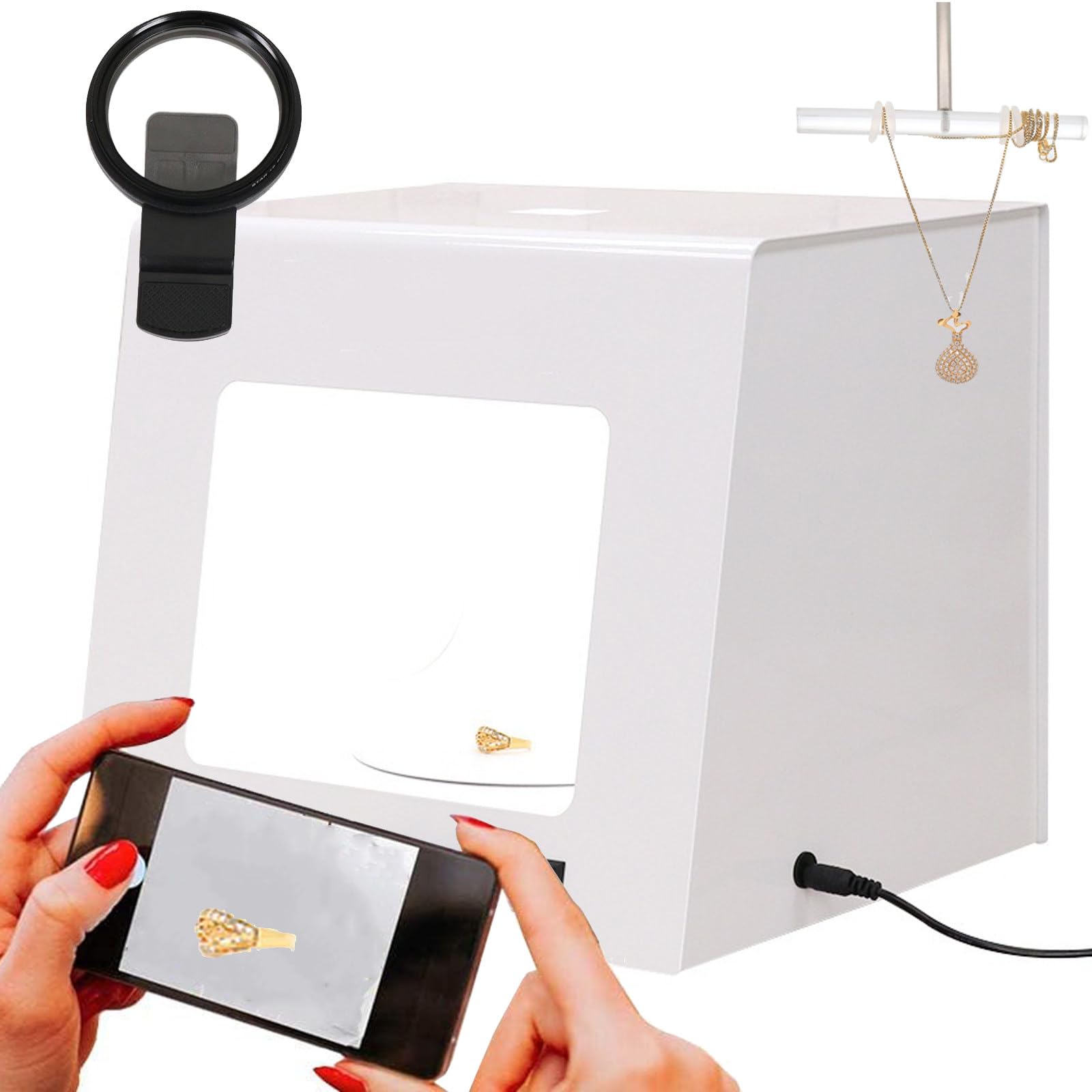 Caja de luz portátil para estudio fotográfico de 22 cm con luz ajustable de 3000 a 5500 K, carpa de luz profesional para fotografía de productos, soporte para colgar o colocar joyas