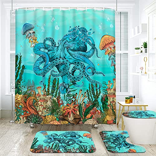 Ikfashoni 4 Pcs Octopus Nautical Shower Curtain Sets With Rugs, Toilet Lid Cover And Bath Mat, Ocean Kraken Tentacle Shower Curtain With 12 Hooks, Jellyfish Sea Animal Shower Curtains For Bathroom #TOP1