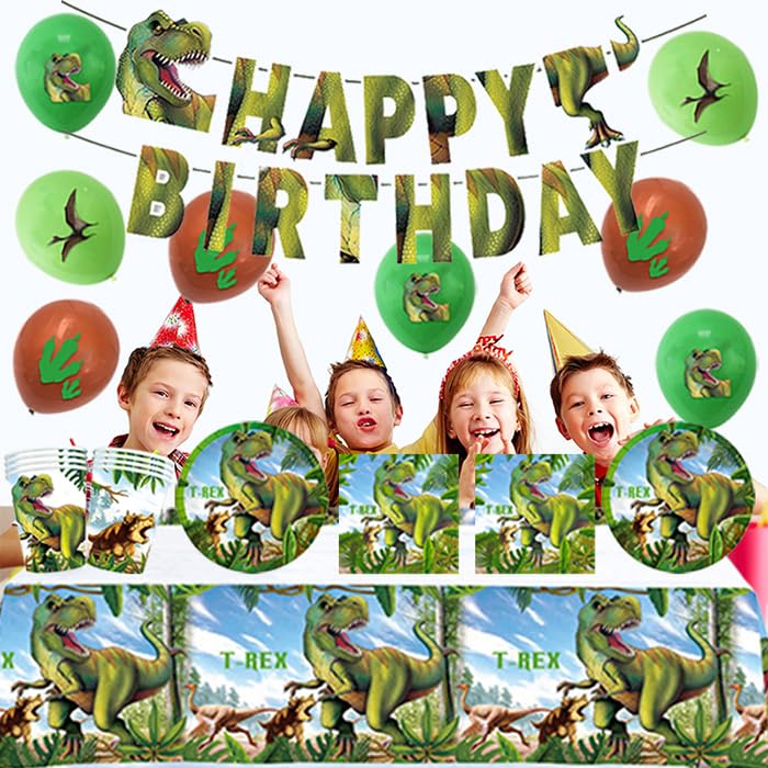 Decorazione Compleanno Dinosauri: 18 Palloncini + 10 Piatti + 10 Tazze + 10 Tovaglioli + 1 Tovaglia + 1 Festone, Kit Compleanno Dinosauri, Verde, Unisex Adulti
