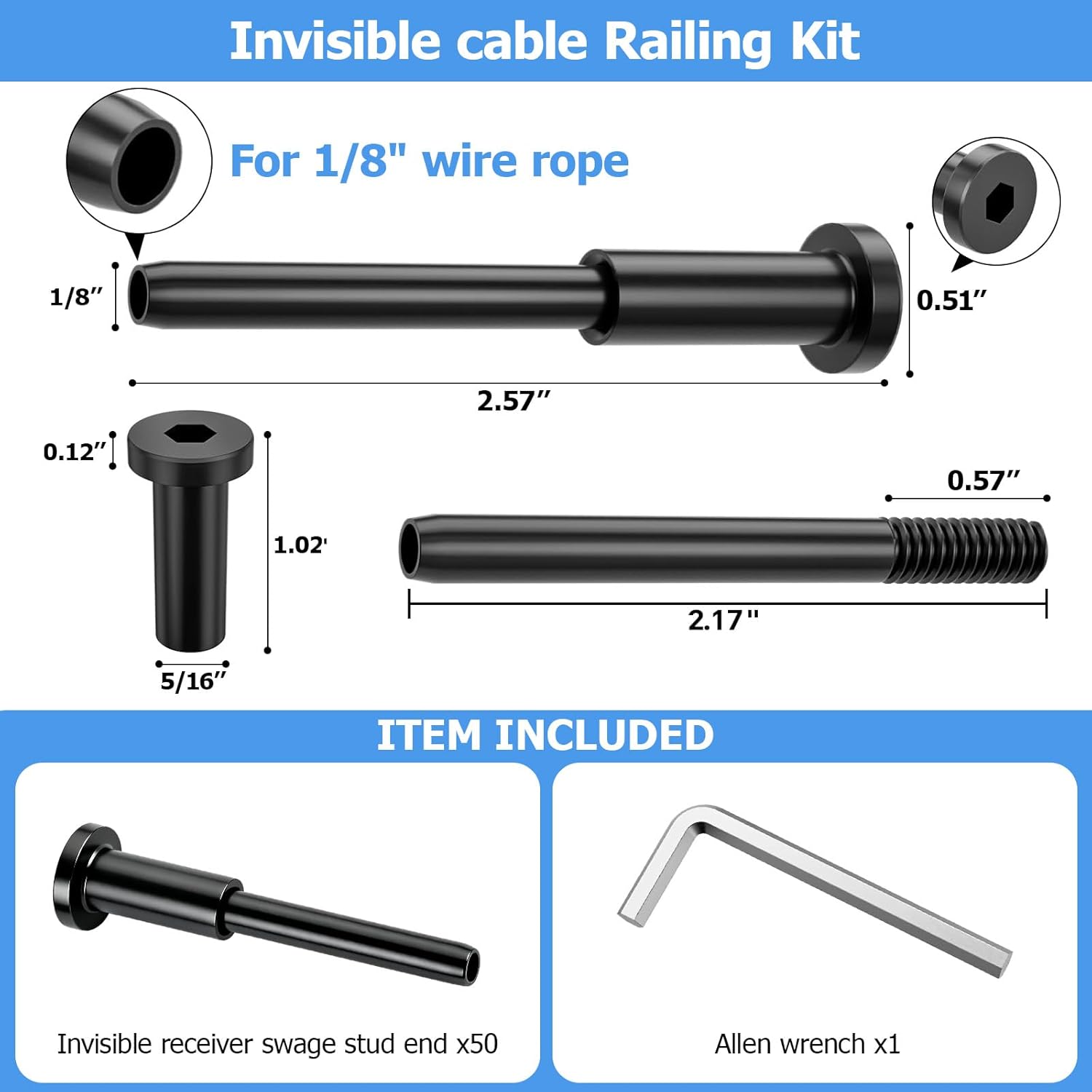 50 Pack 1/8" T316 Stainless Steel Invisible Cable Railing Kit, Deck Railing Kit Swage Stud End for Wood Metal Post, Deck, Stair, Black Cable Railing Hardware