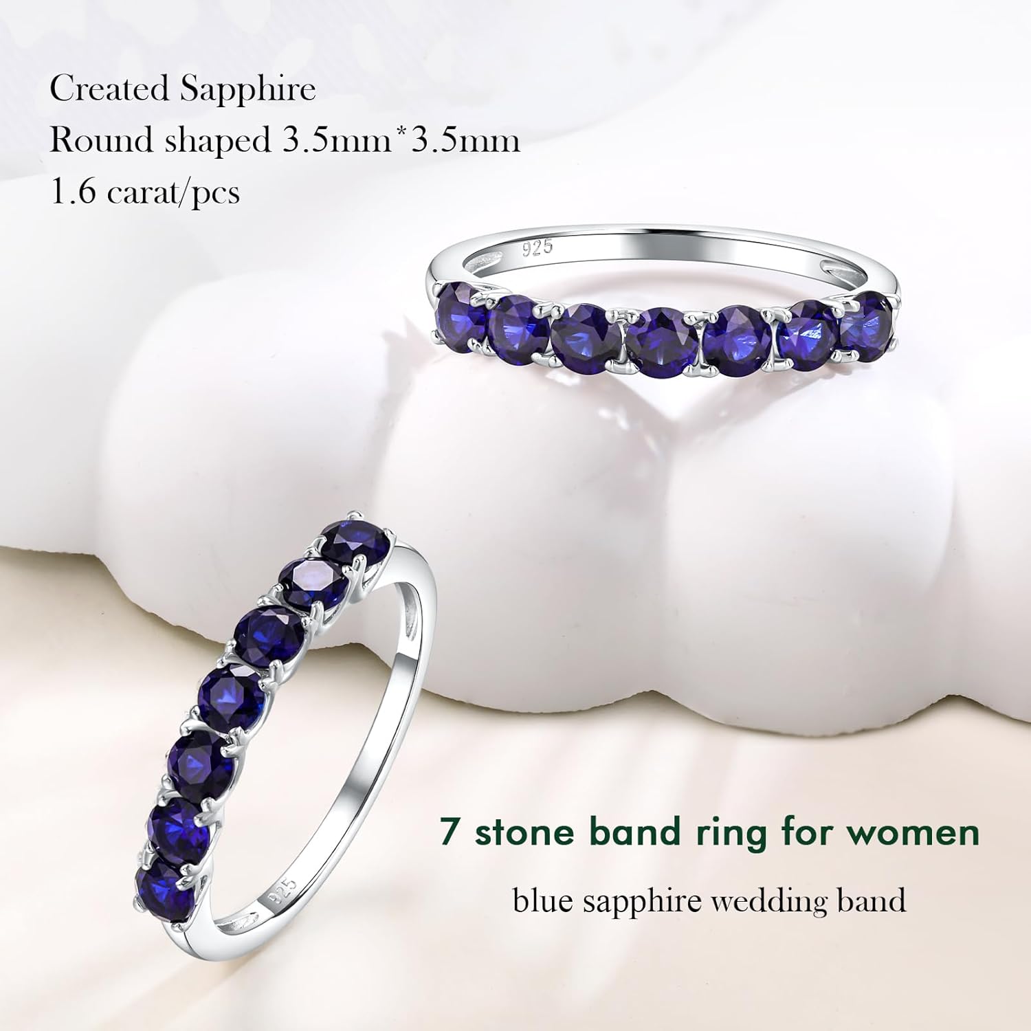 Sterling Silver Birthstone Rings for Women Wedding Bands, 3.5mm Half Eternity Band 7 Stone Anniversary Ring, 12 Month Gemstone Stackable Rings Size 6-10