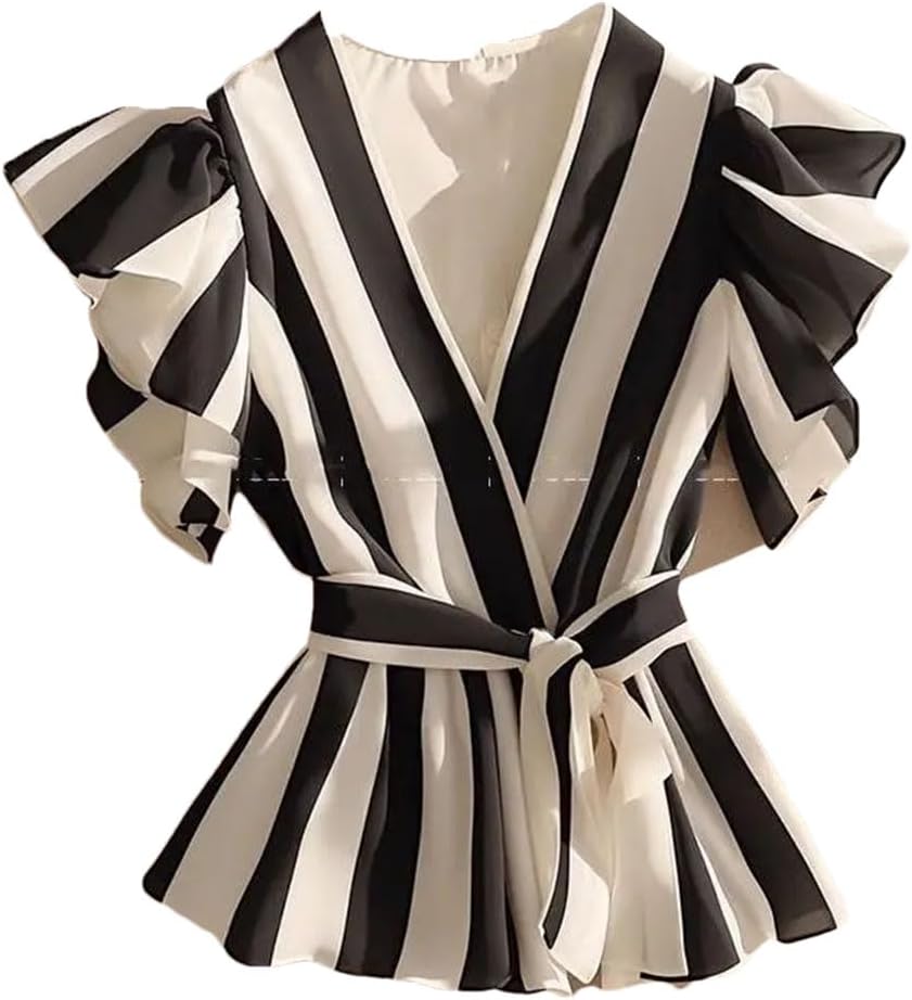 Women's V-Neck Short-Sleeved Striped Shirt