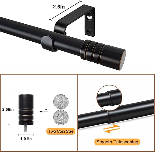 Miniatura 7 de KAMANINA Paquete de 2 barras de cortina de 28 a 48 pulgadas, barras de cortina individuales negras de 34 pulgadas para ventanas, barra de cortina