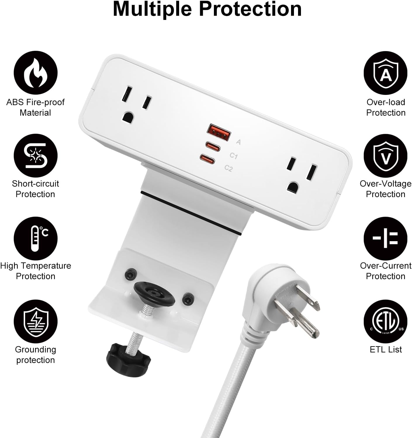 Desk Clamp Power Strip USB C 65W, Desktop Edge Mount Fast Charge Station 3 PD USB Port 2 AC Outlets 6ft Braided Extension Cord Flat Plug Fit Max 3.26’’ Tabletop Edge for Gaming Office Table.