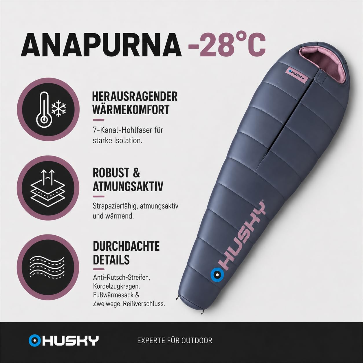 Husky Anapurna Schlafsack 4 Jahreszeiten bis -28°C, Warmer Winter Mumienschlafsack für Erwachsene, Winterschlafsack für Camping, Trekking und Outdoor