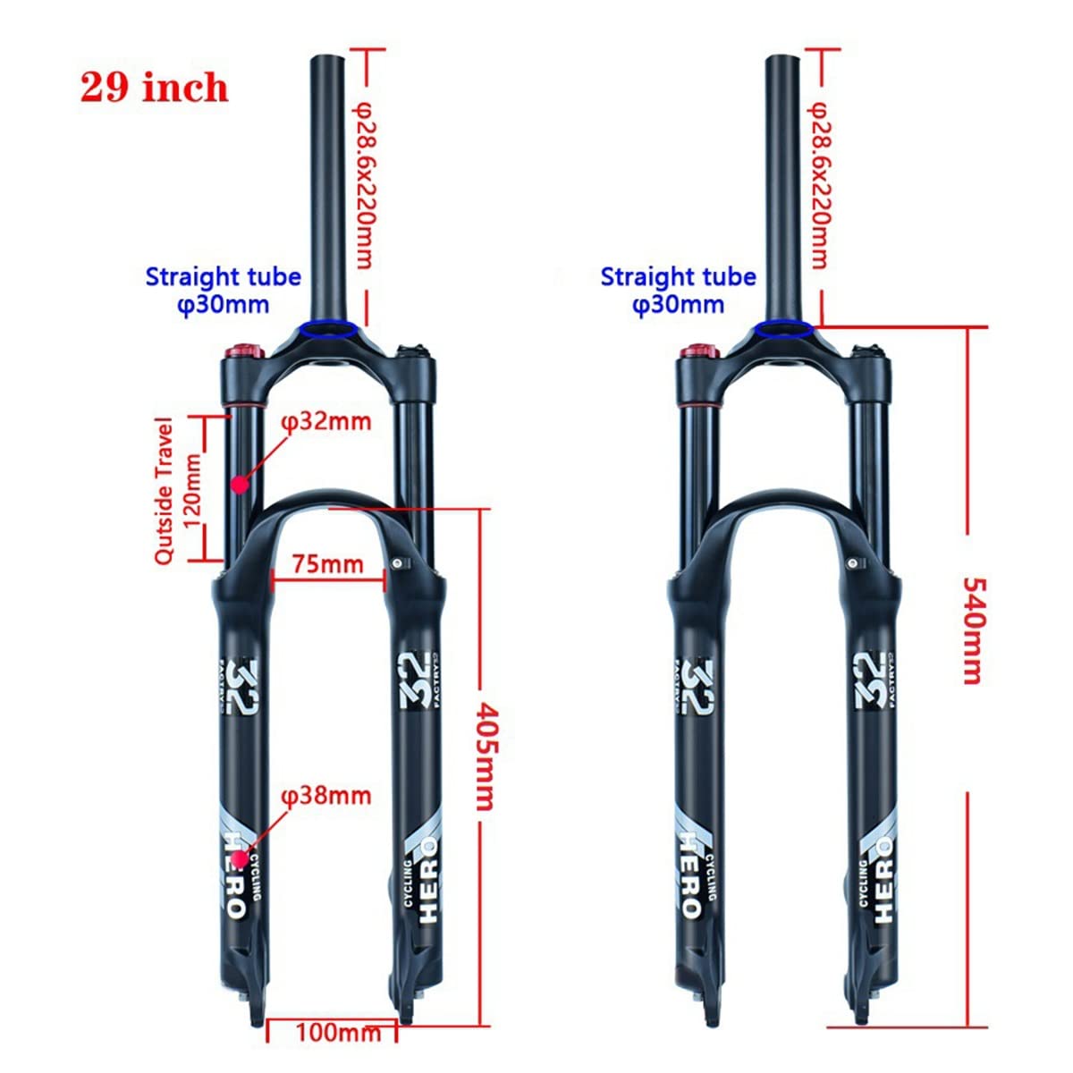 26/27,5/29" widelec pneumatyczny MTB z skokiem sprężyny 100 mm, ultralekki rower górski, rura prosta 1-1/8, widelec przedni ze złączem szybkomocującym, 9 * ręczny / pilot blokady (kolor: