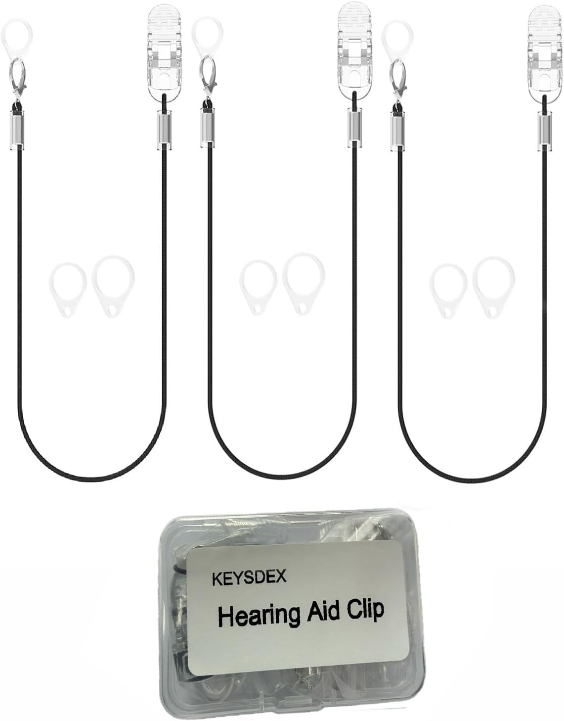 3-Pack Monaural Hearing Aid Clips Anti-Lost Lanyard, Black