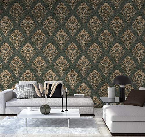 A.S. Création Livingwalls Metropolitan Stories 2 Vliestapete mit Ornamenten 0,53 x 10,05 m – Grün, Gold – elegante Barocktapete Made in Germany – 379011