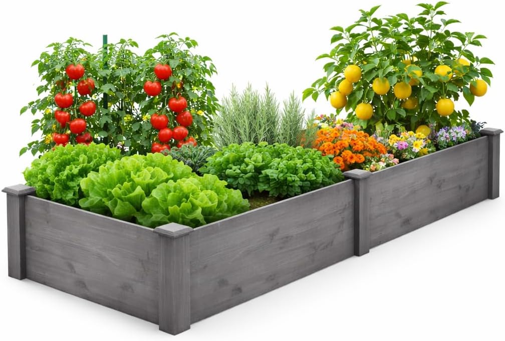 Over-Ground Raised Garden Bed 96x28x10 in, Large 8x2ft Solid Wood Planter Box, Tool-Free 20-Min Assembly, 300 lb Capacity, Gray, Outdoor for Vegetables Flowers Herbs