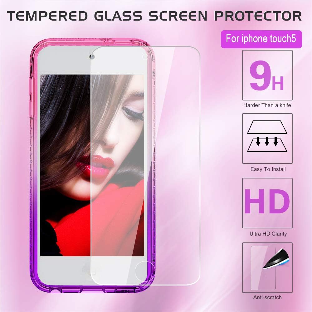 iPod Touch 7 Case, iPod Touch 6 Case, iPod Touch 5 Case with Tempered Glass Screen Protector [2 Pack] for Girls, LeYi Glitter Liquid Clear Phone Case (Pink/Purple)