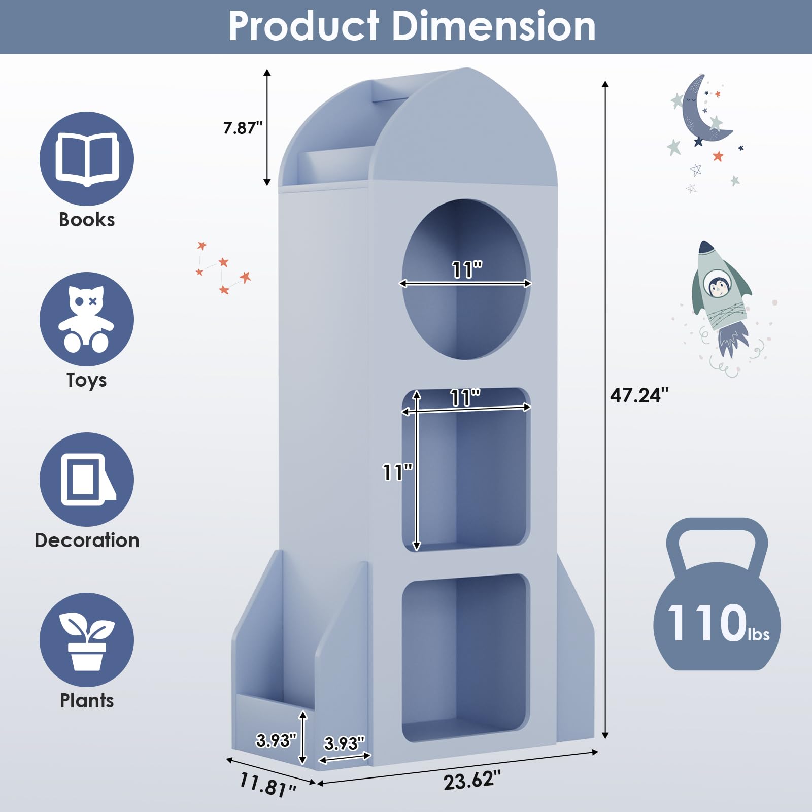 Arlopu Kids Bookshelf and Toy Storage, 3-Tier Rocket Baby Cabinet with Side Shelves, Wood Open Toddler Bookcase, Spacious Display Organizer for Children Playroom, Bedroom, Nursery, School