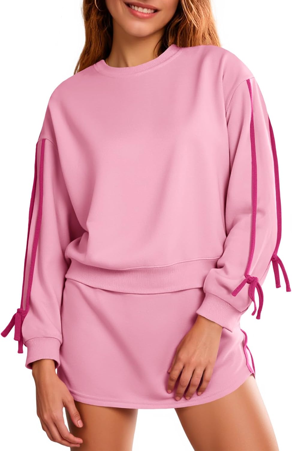 Fisoew Womens 2 Piece Outfits Casual Crewneck Tie Sweatshirt High Waisted Running Skort Skirts Workout Tracksuit Sets