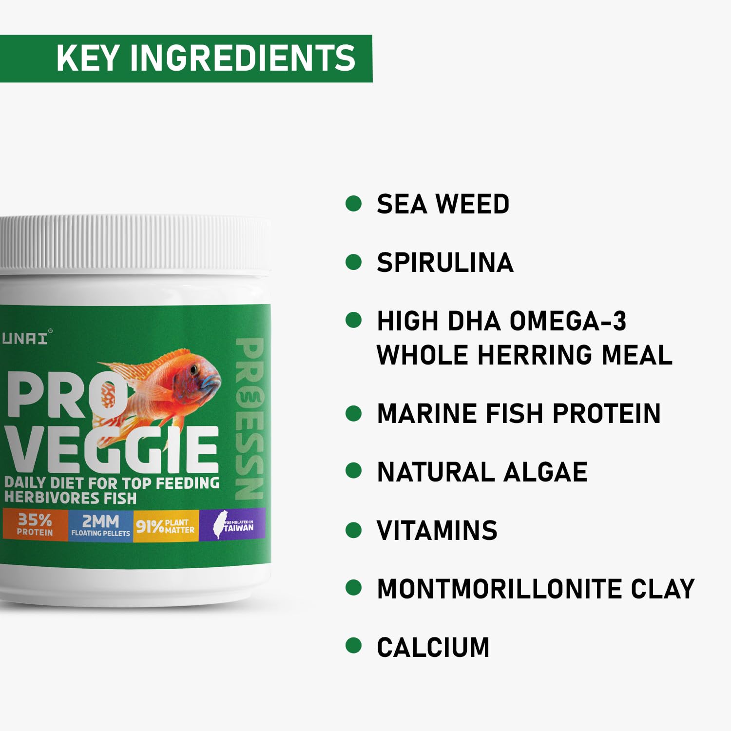 Tunai Pro Veg Fish Food for Adult Cichlids |100g| 2MM - Pellets, 91% Plant Matter| Suitable for All Top Feeding Herbivores Fish Food 2