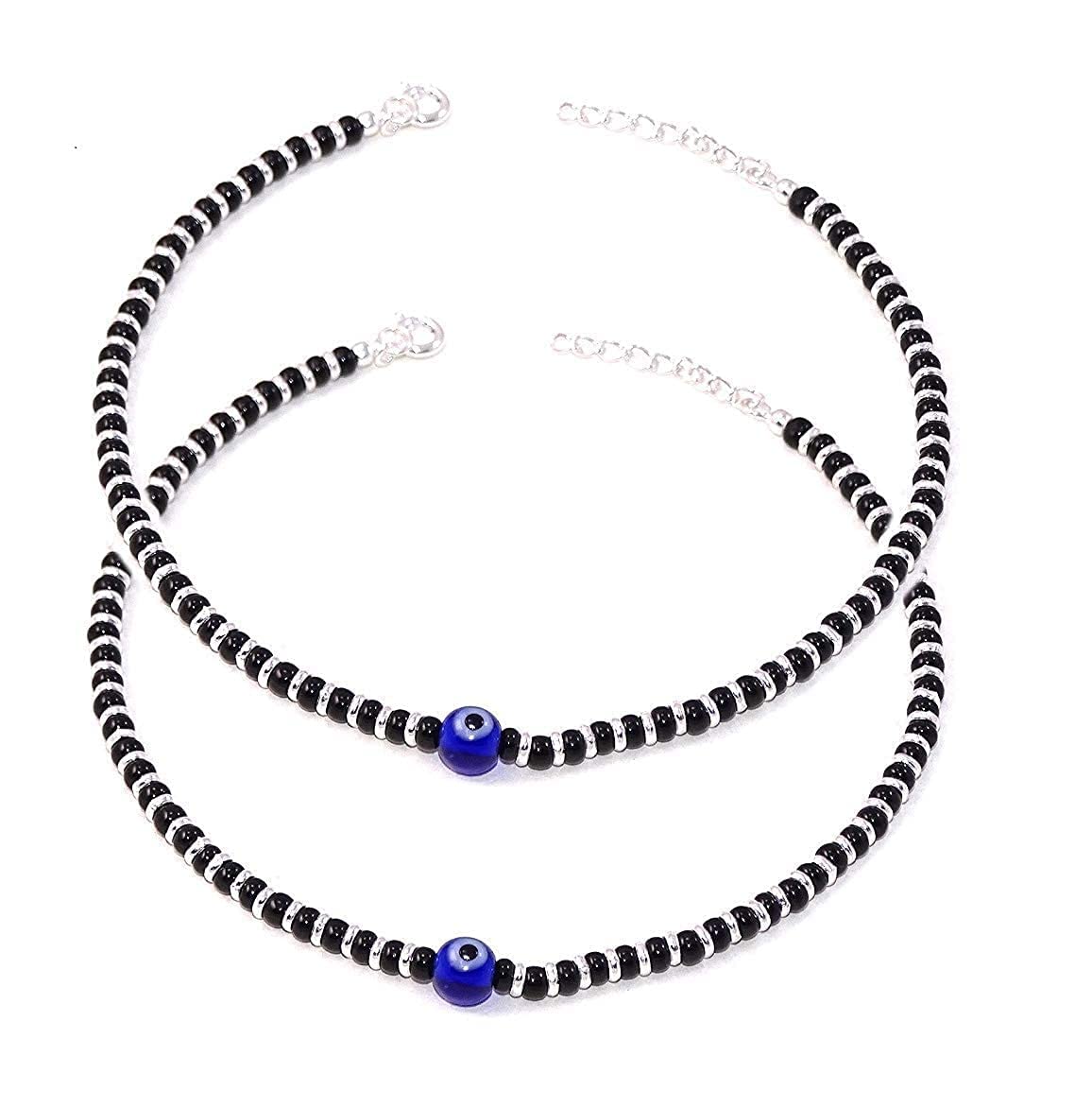 essentials Black Beads with Blue Evil Eye Charm Nazariya Anklet Stylish Jewellery for Girls & Women | Nazariya Anklets for Gift For Girls | Gift for Women (Black & Silver Beads with Evil Eye)-image-45