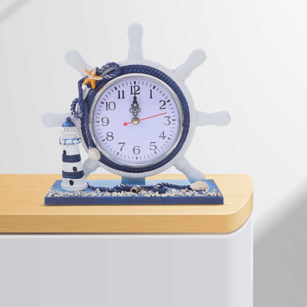 VICASKY Nautical Wall Clock Beach Coastal Small Table Bathroom for Shelf Ship Wheel Travel Cruise Clocks Mediterranean Style Silent Desk Lighthouse Helm Wooden Rudder Theme Decor Ornament Ocean