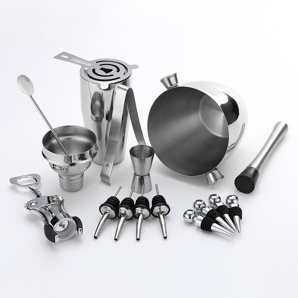 Professional Vino e Cocktail Mixing Bar Set by, Large 25 oz. Shaker in Acciaio Inossidabile, Secchiello per Il Ghiaccio, pestello, Doppio Jigger, 4 Liquor Bottle Pourers, Strainer, Filtro Conico