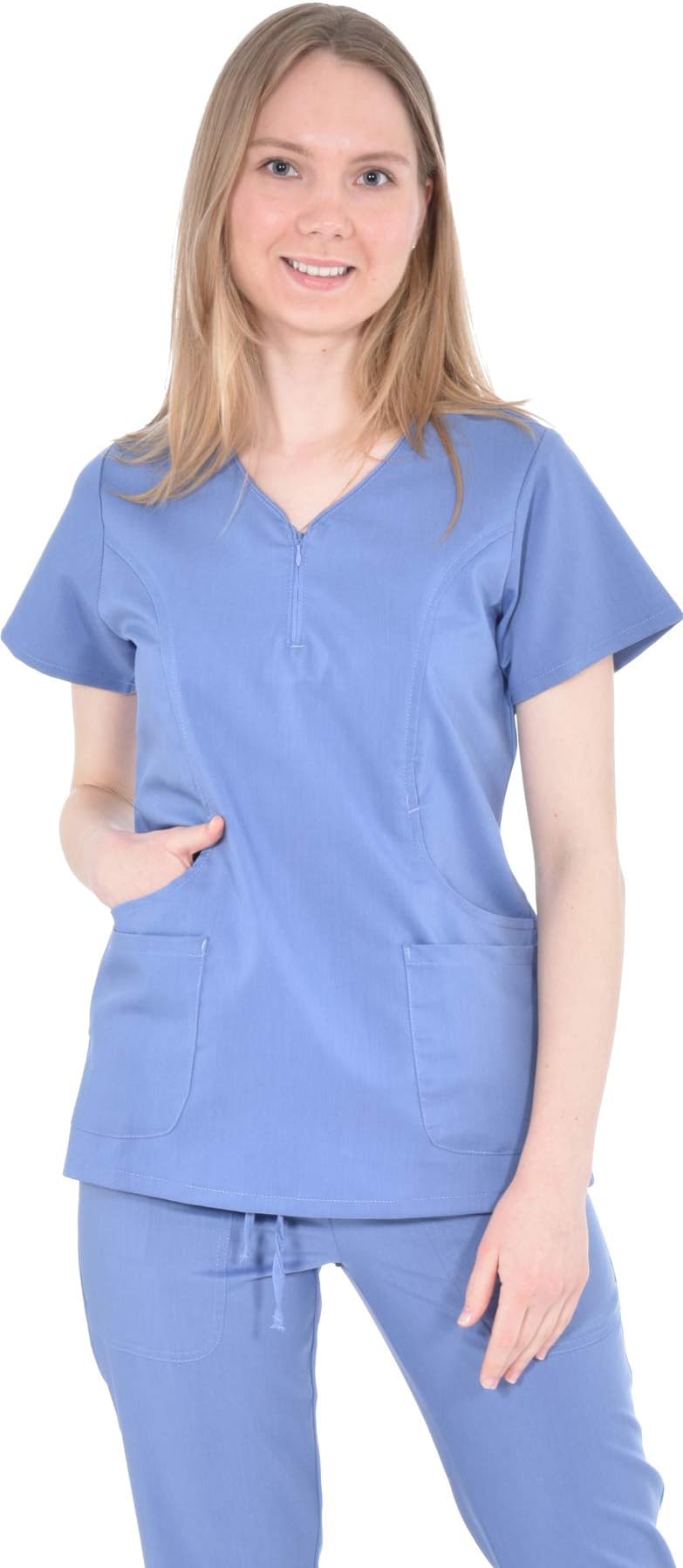 Marilyn Monroe Zip Neck Stretch Medical Scrub Top with Four Pockets