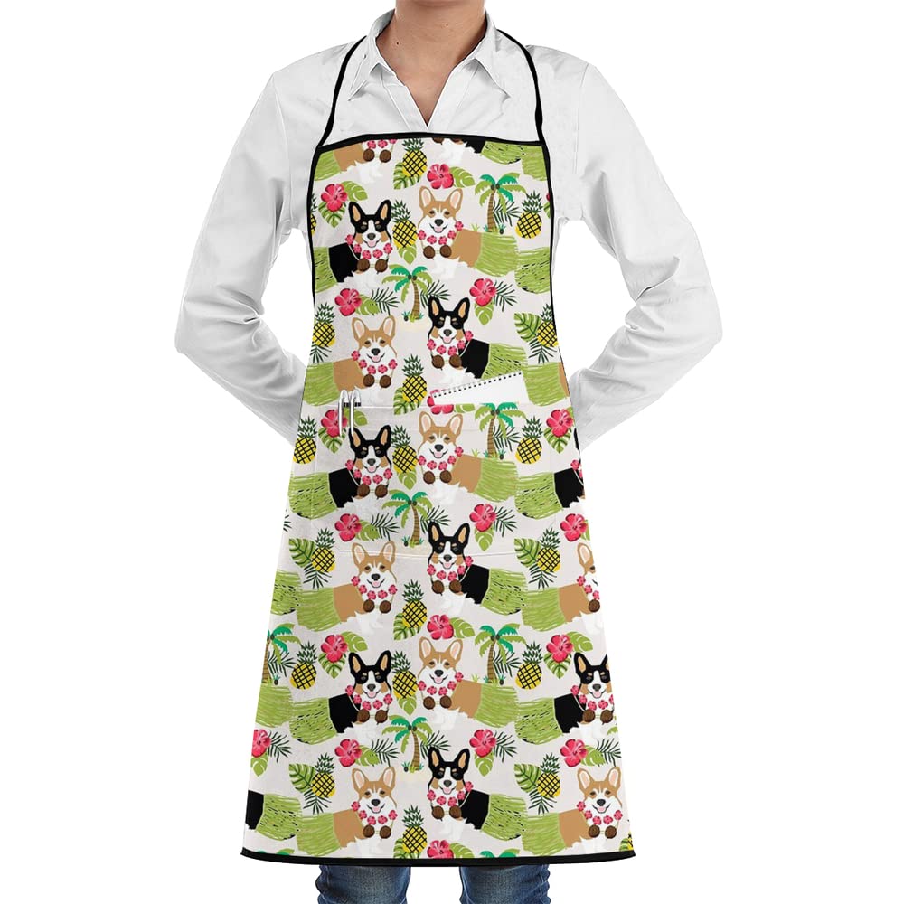 Welsh Corgi Tropical Hawaii Hula Dogs Funny Seaweed Chef Apron with Pockets Grill Aprons for Women Men Kitchen Cooking Baking BBQ