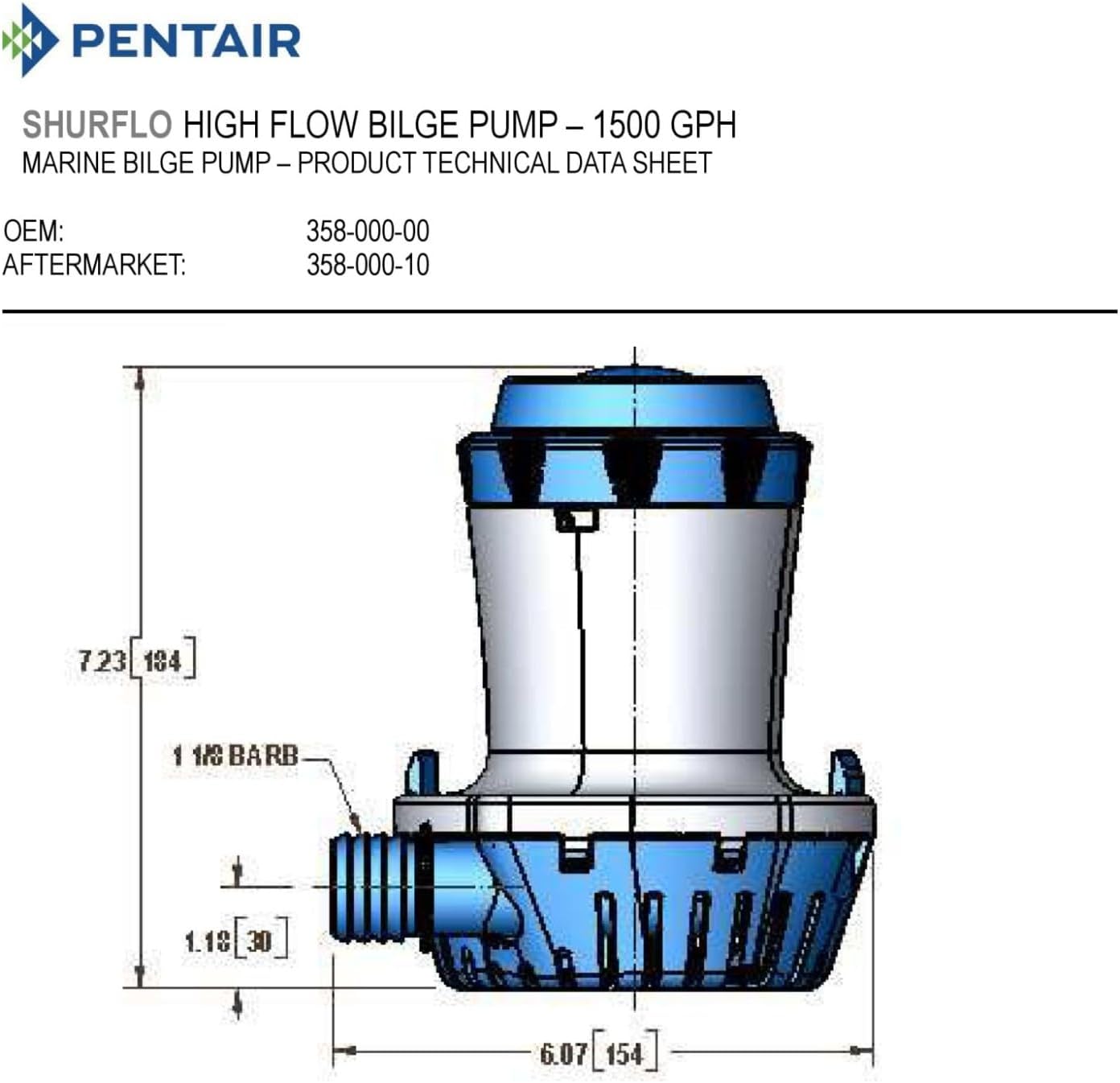 PENTAIR SHURFLO 358-000-10 Bilge Pump, 1500 GPH, Submersible Marine Pump, Nylon Housing, Water-Cooled Motor, Ignition Protected, Swivel Base, 12VDC, 8 AMPS Max, ISO & CE Certified