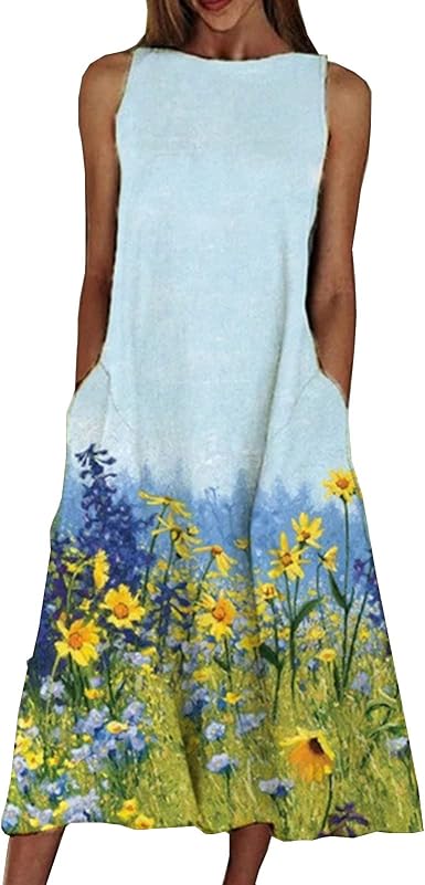 Amazon.com: iZZZHH Vestido sin mangas para mujer con estampado floral y  cuello redondo elegante playa maxi vestido de verano casual, L-5XL : Ropa,  Zapatos y Joyería