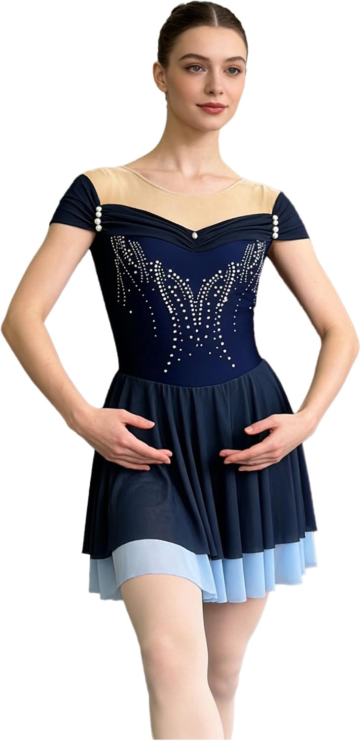 Shinsto Women's Figure Ice Skating Dress Cap Sleeve Tiered Color Block Ballet Skirted Leotard Dresses