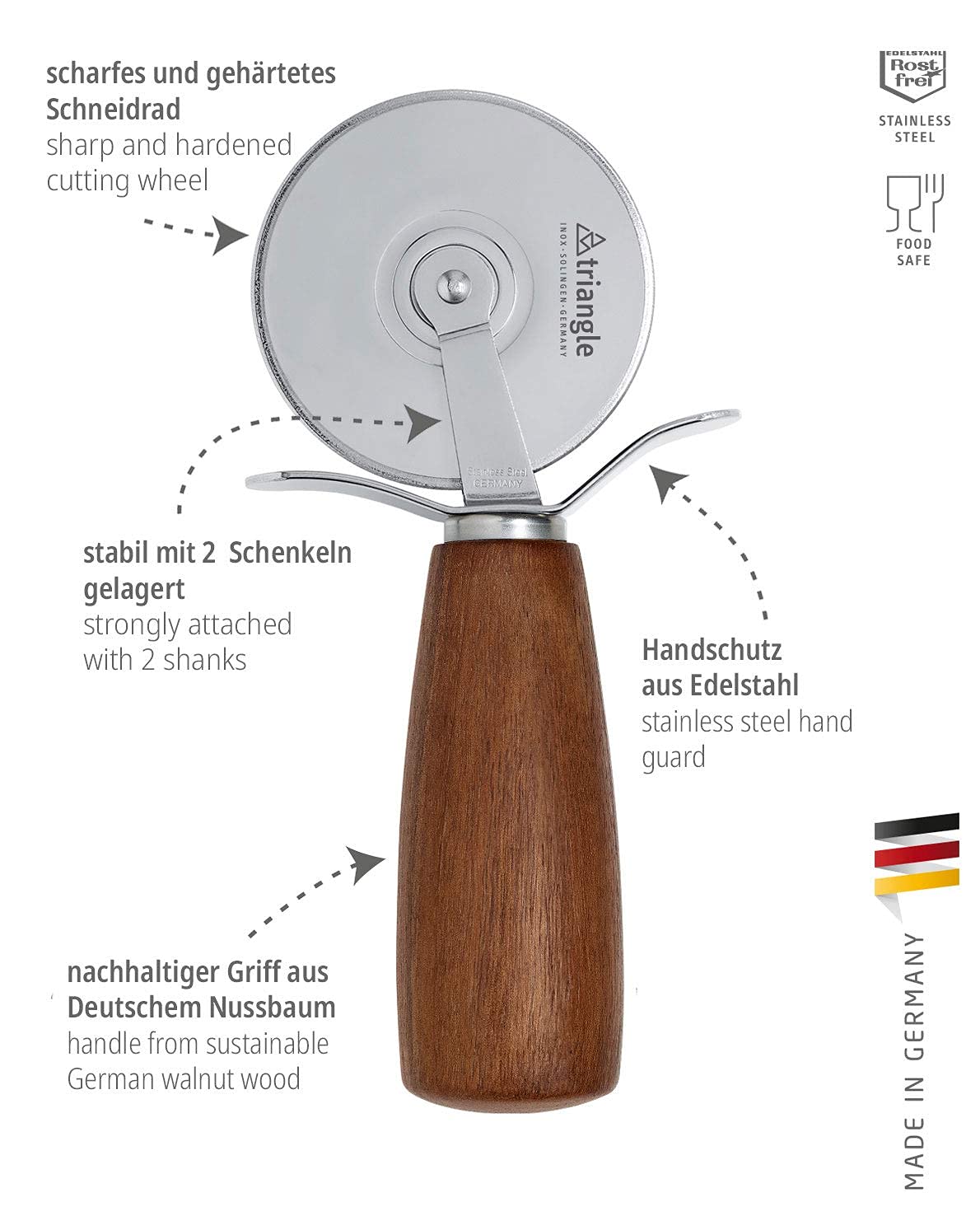 triangle 84 075 07 04_N Pizzaschneider Soul Nussbaum ø 7 cm Made in Solingen / Germany professionelle Qualität Pizzarad Pizzaroller Professional Holz Walnuss