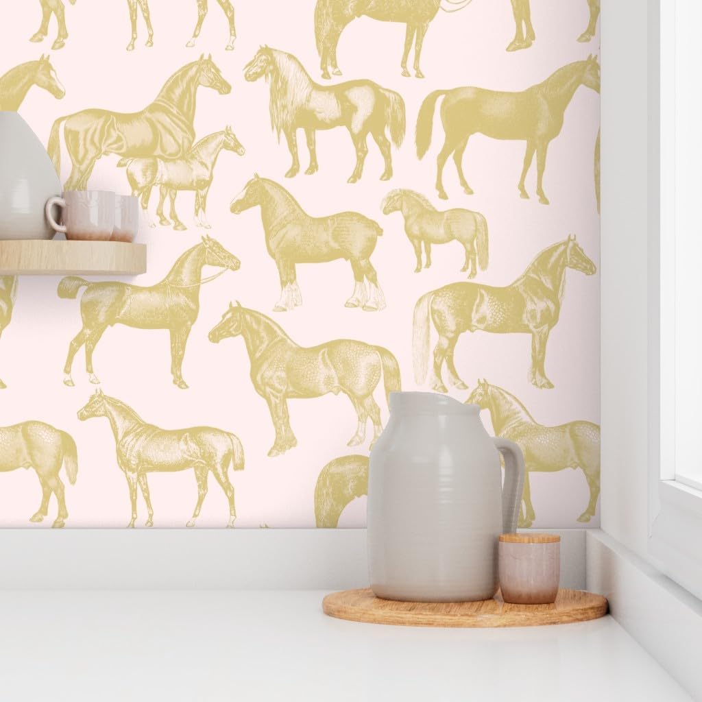 Peel & Stick Wallpaper 3ft x 2ft - Pink Gold Horses Horse Pony Equestrian Pattern Custom Removable Wallpaper by Spoonflower