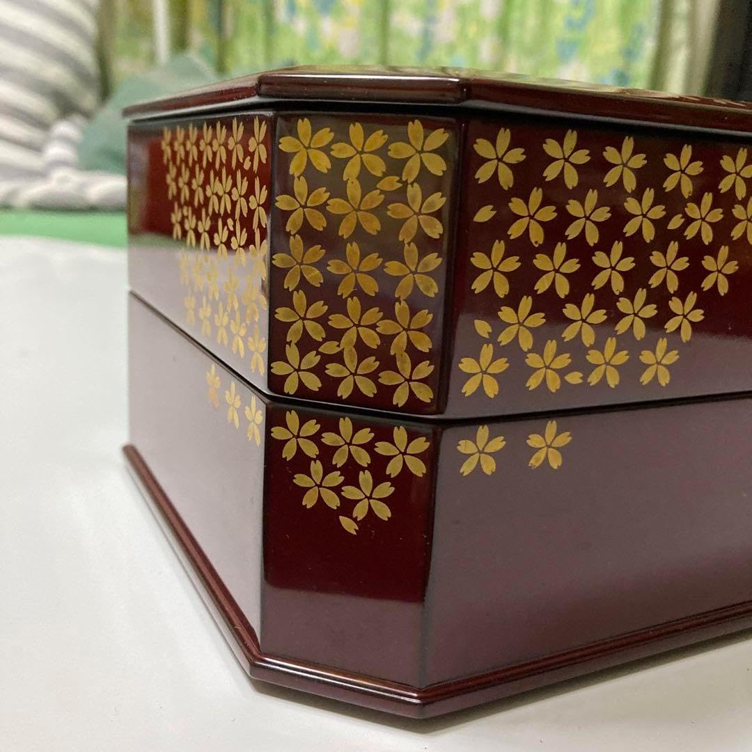 越前塗　桜　重箱　行楽弁当　朱色　二重　名品　昭和レトロ　漆器 越前塗 桜 重箱 行楽弁当 朱色 二重 名 レトロ 漆器