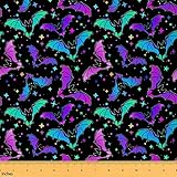 Halloween Bat Fabric by The Yard Glitter Stars Galaxy Upholstery Fabric for Kids Child, Cartoon Gothic Bats Decorative Fabric for Quilting Sewing DIY Gift, 1 Yard,Teal Blue Green Purple